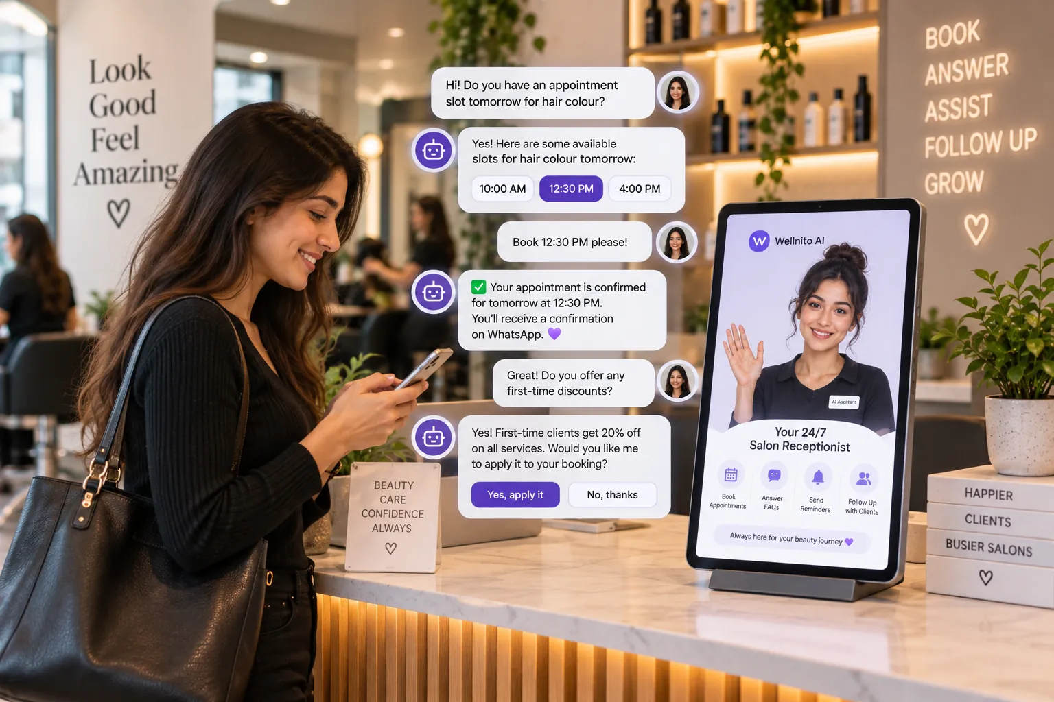 AI salon receptionist for automated bookings, customer support, FAQs and follow-up messages