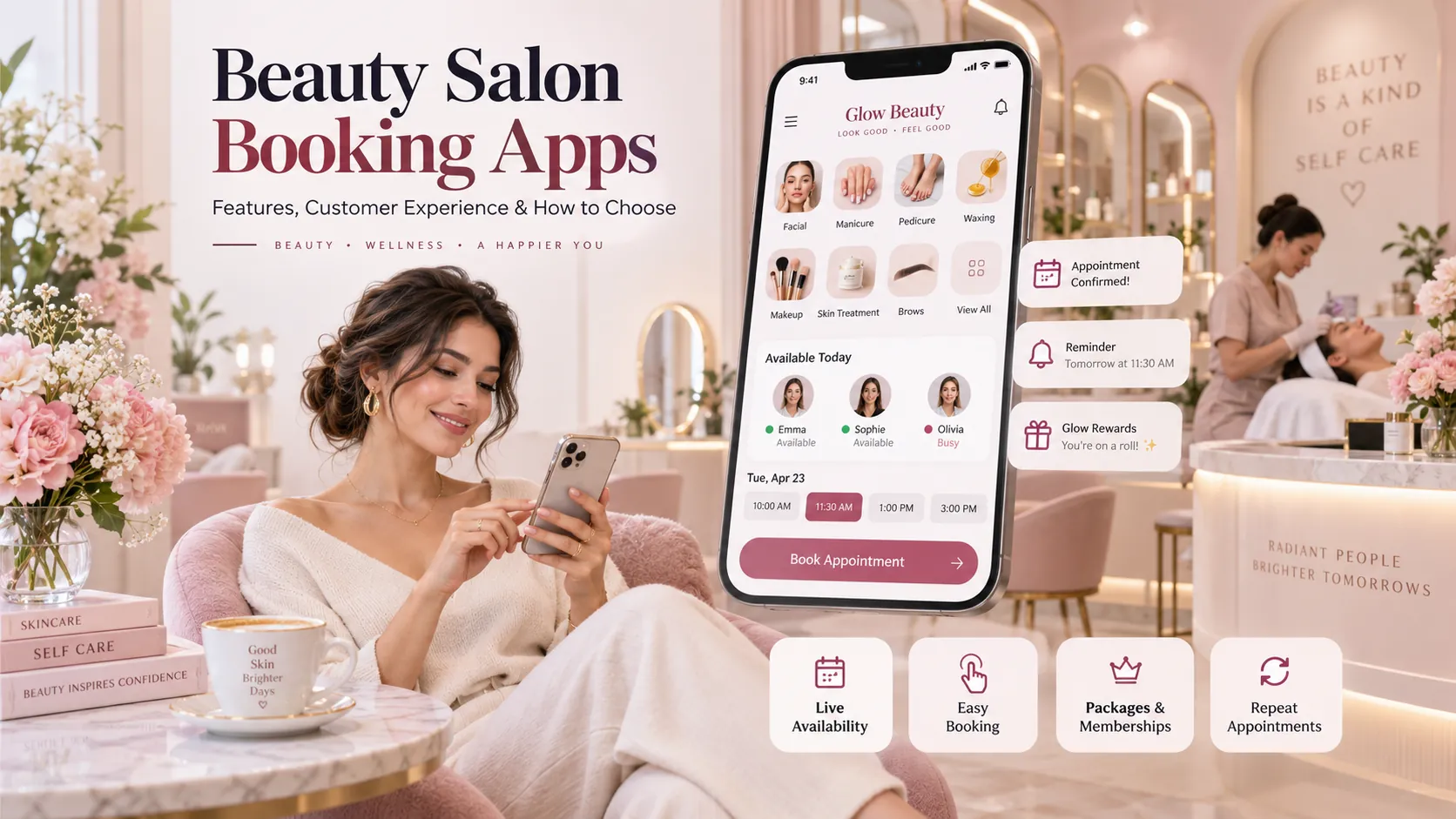 Beauty salon booking app for online appointments, live availability, memberships and repeat bookings