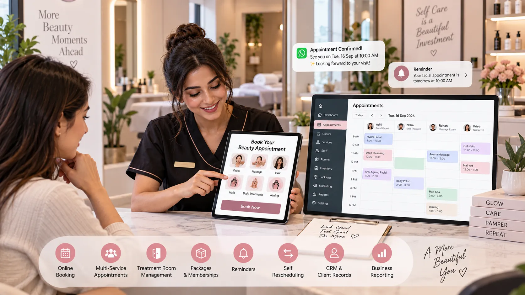 Beauty salon booking software for online appointments, self-rescheduling, reminders, CRM and business reporting