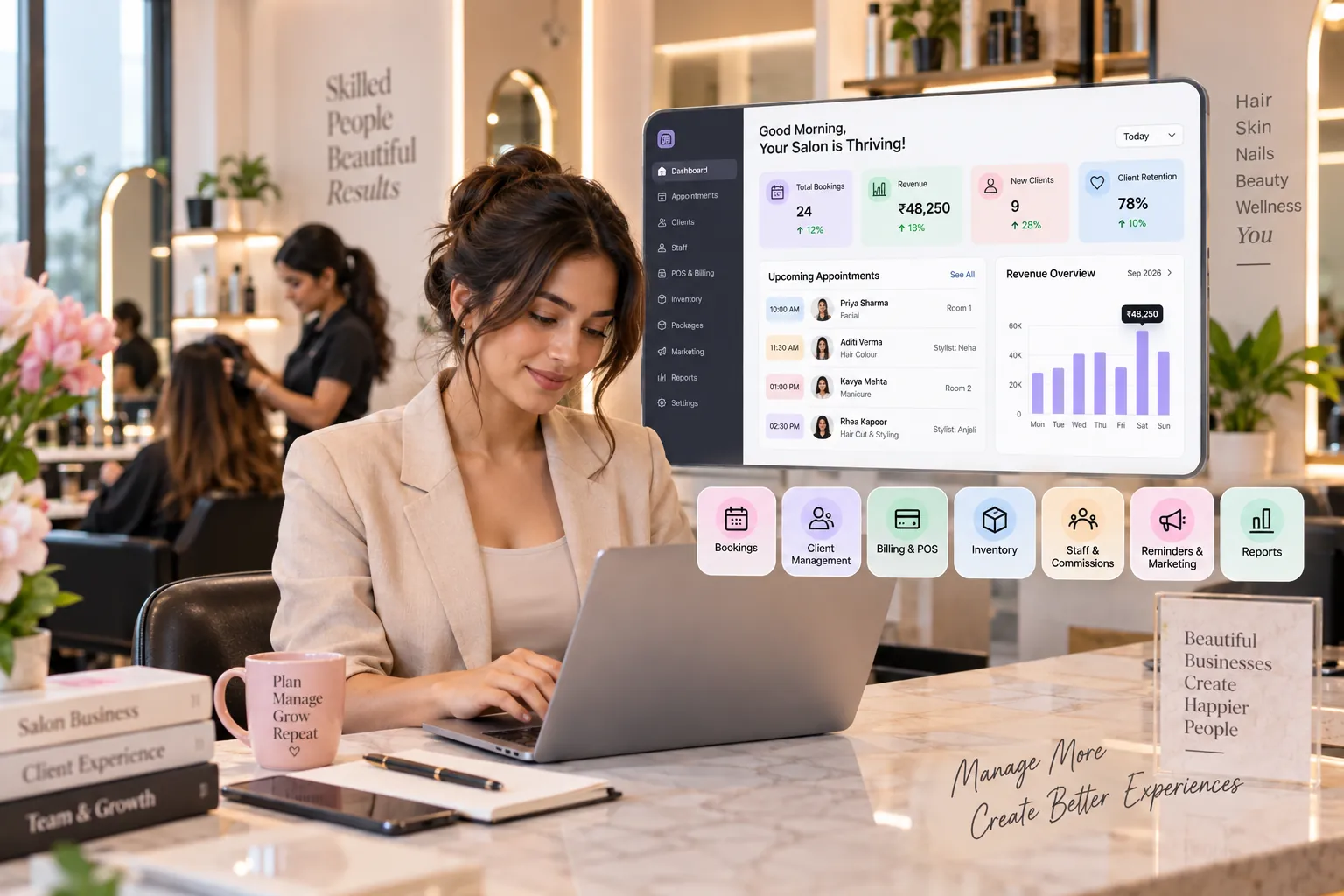 Beauty salon management software dashboard for appointments, CRM, POS, inventory, staff and reporting