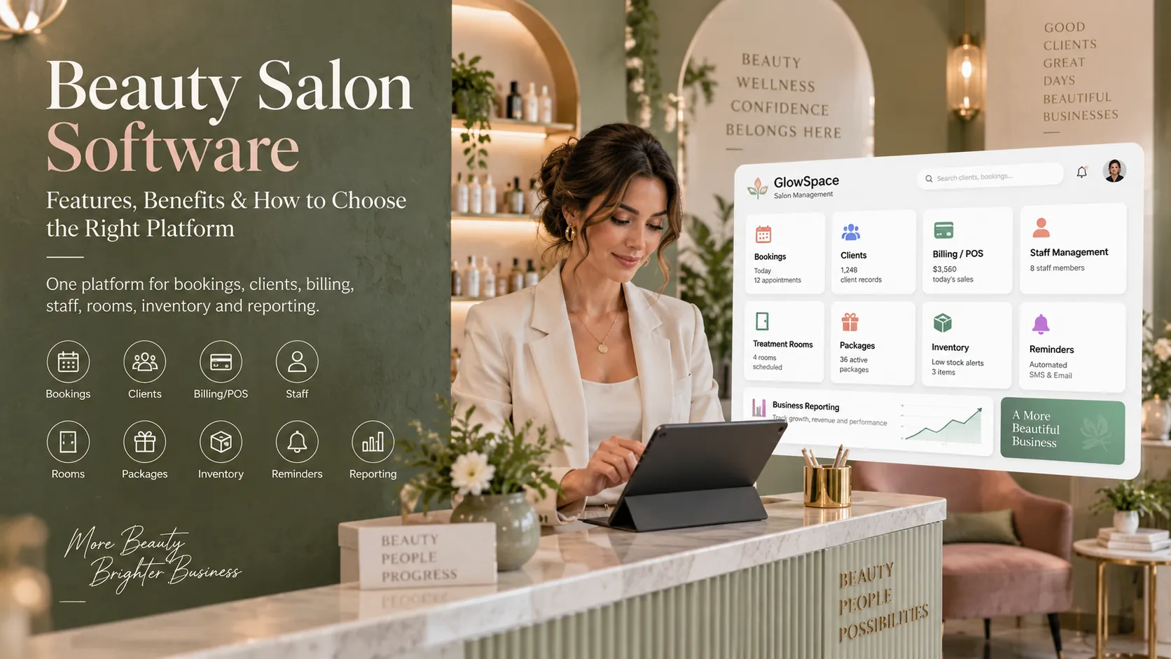 Beauty salon management software for bookings, clients, POS, staff, treatment rooms, inventory and reports