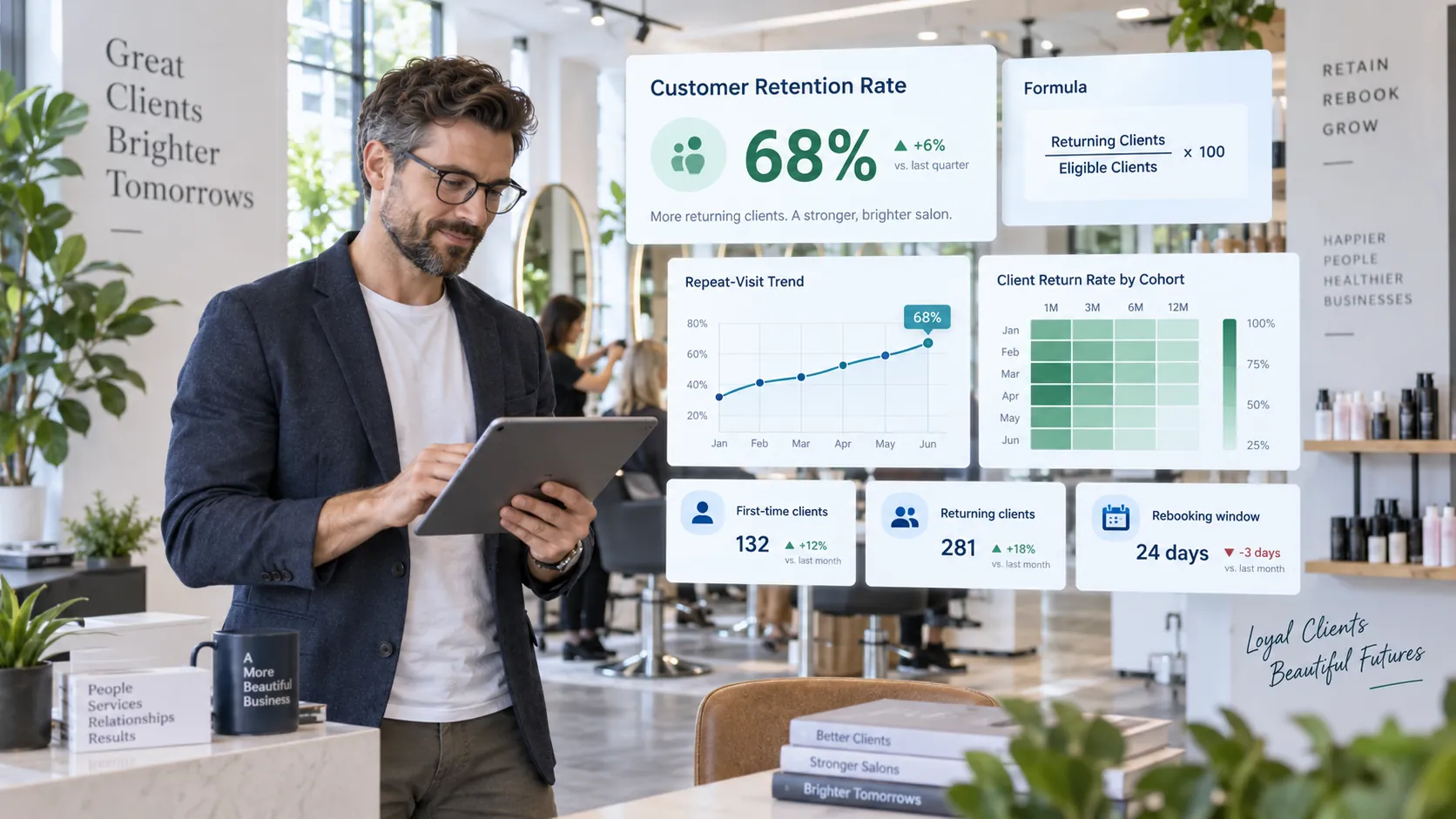 Salon customer retention rate dashboard showing returning clients, repeat visits and rebooking data