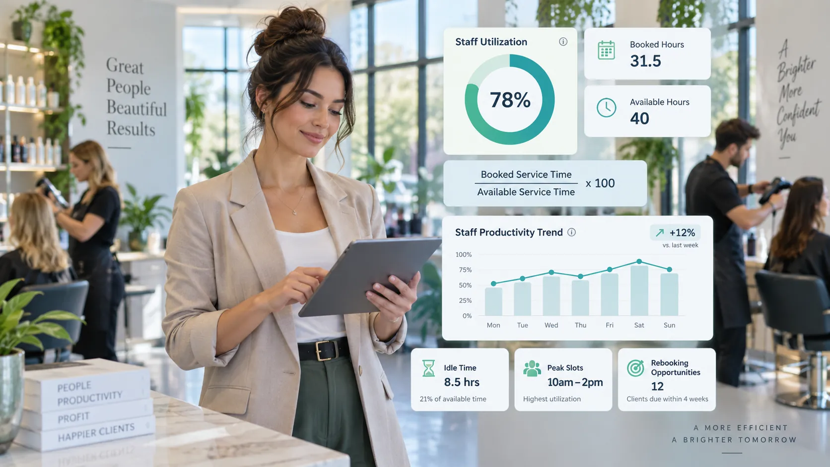 Salon staff utilization dashboard showing booked hours, available time and productivity trends