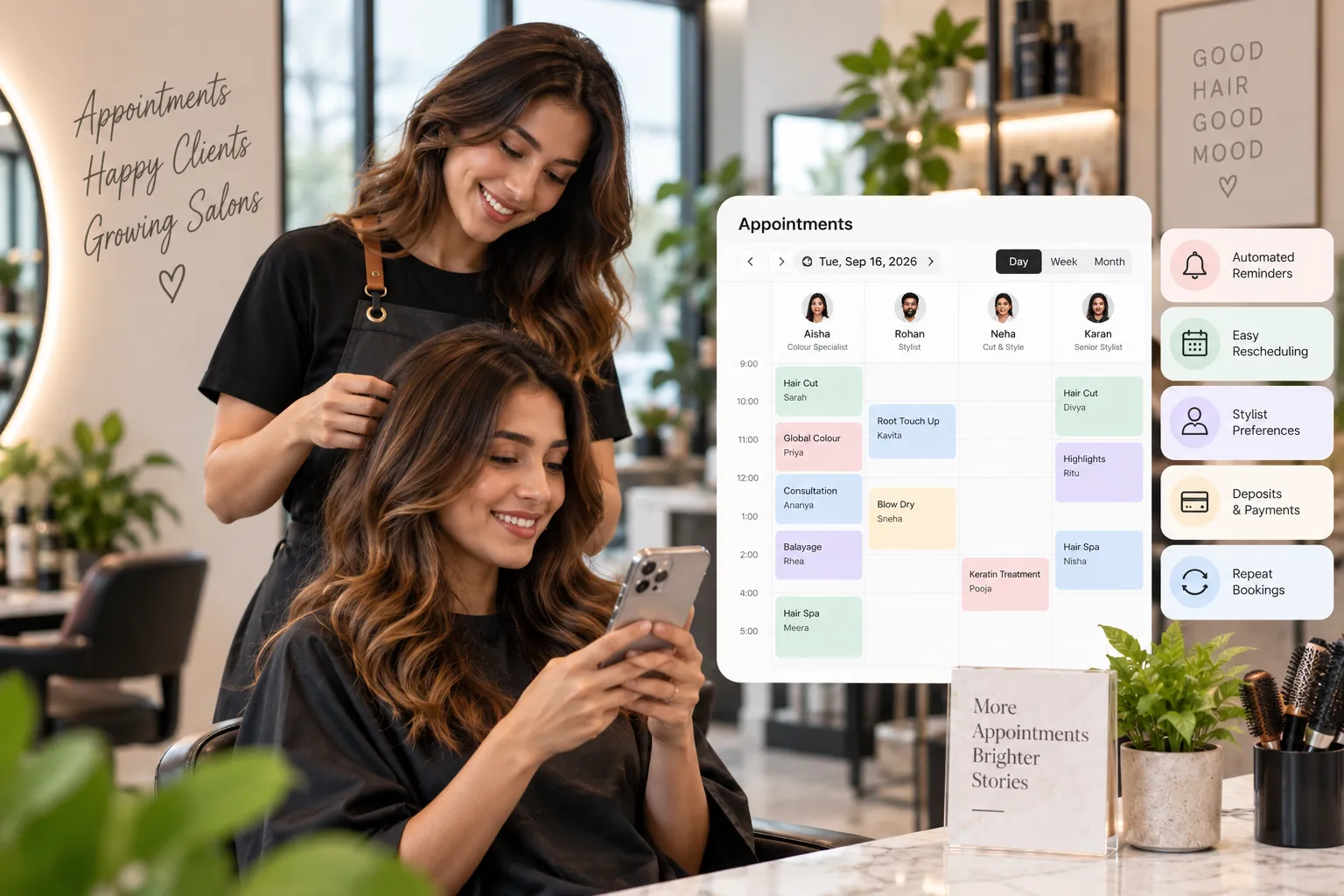 Hair salon appointment software for scheduling stylists, managing bookings, reminders and repeat appointments