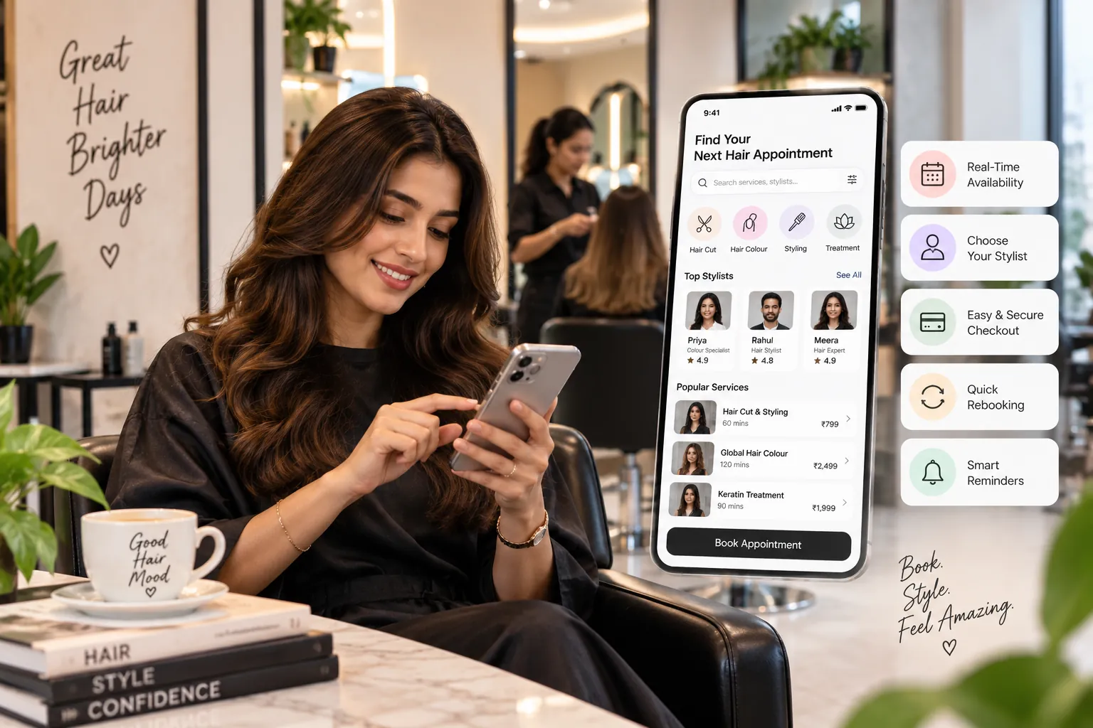 Hair salon booking app for choosing stylists, booking appointments, payments and reminders