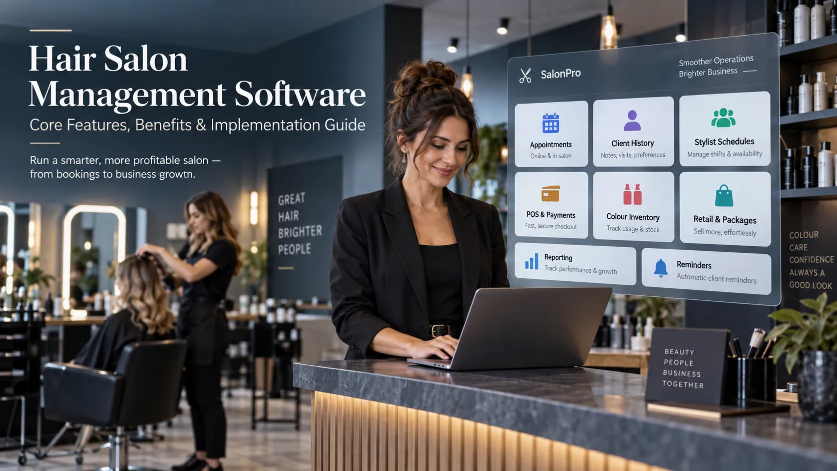 Hair salon management software with booking, CRM, staff scheduling, payments, inventory and reporting features