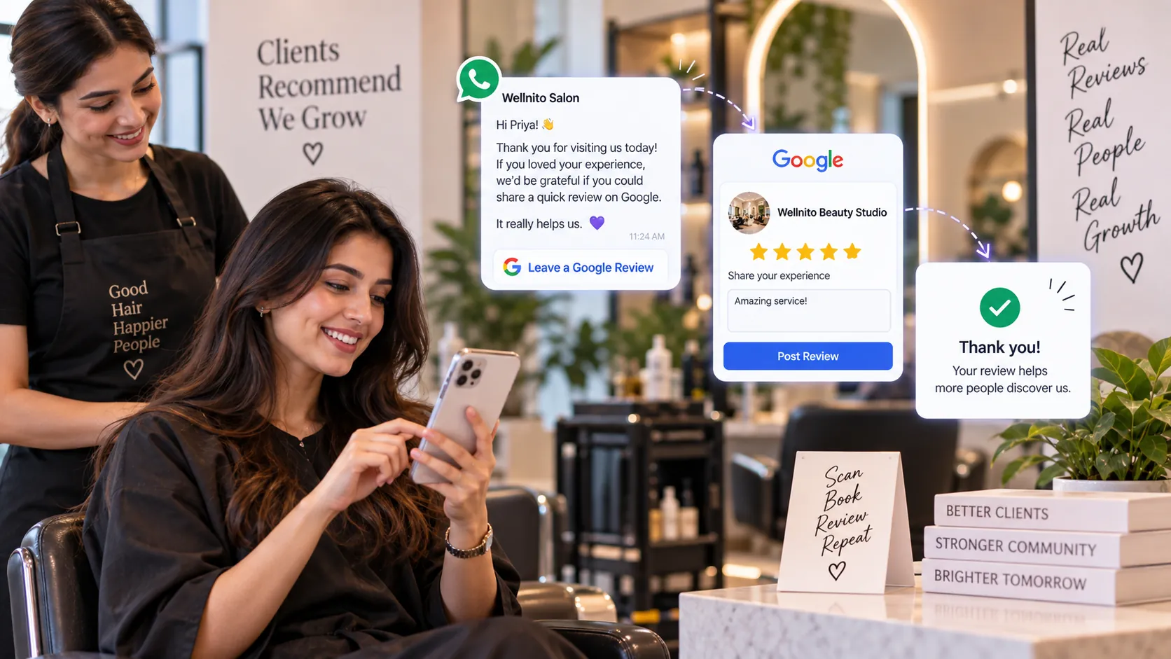 Automated Google review request for salon customers sent through WhatsApp