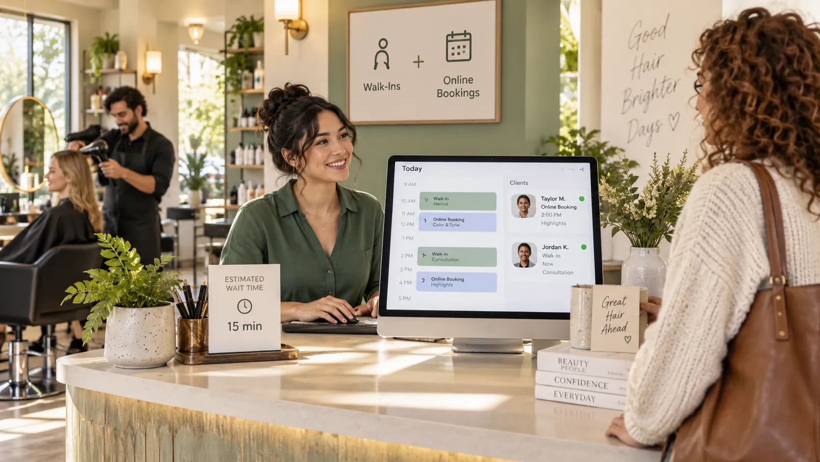 Salon appointment system managing walk-in clients and online bookings in one real-time calendar