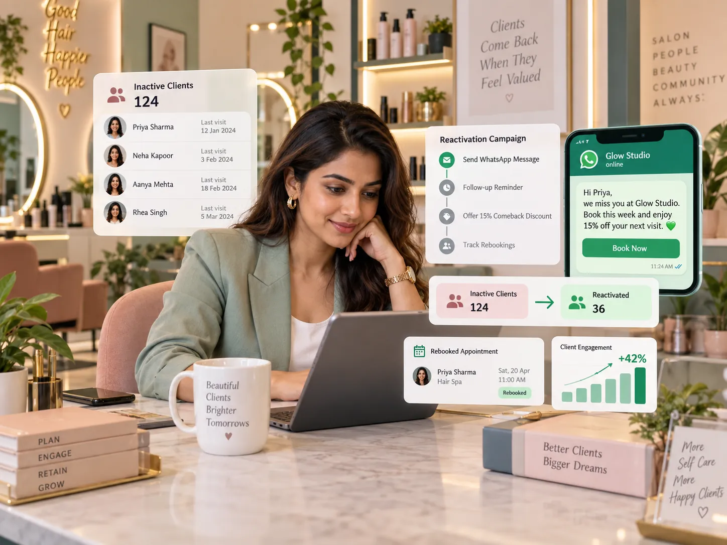 WhatsApp CRM campaign for reactivating inactive salon clients and increasing repeat bookings