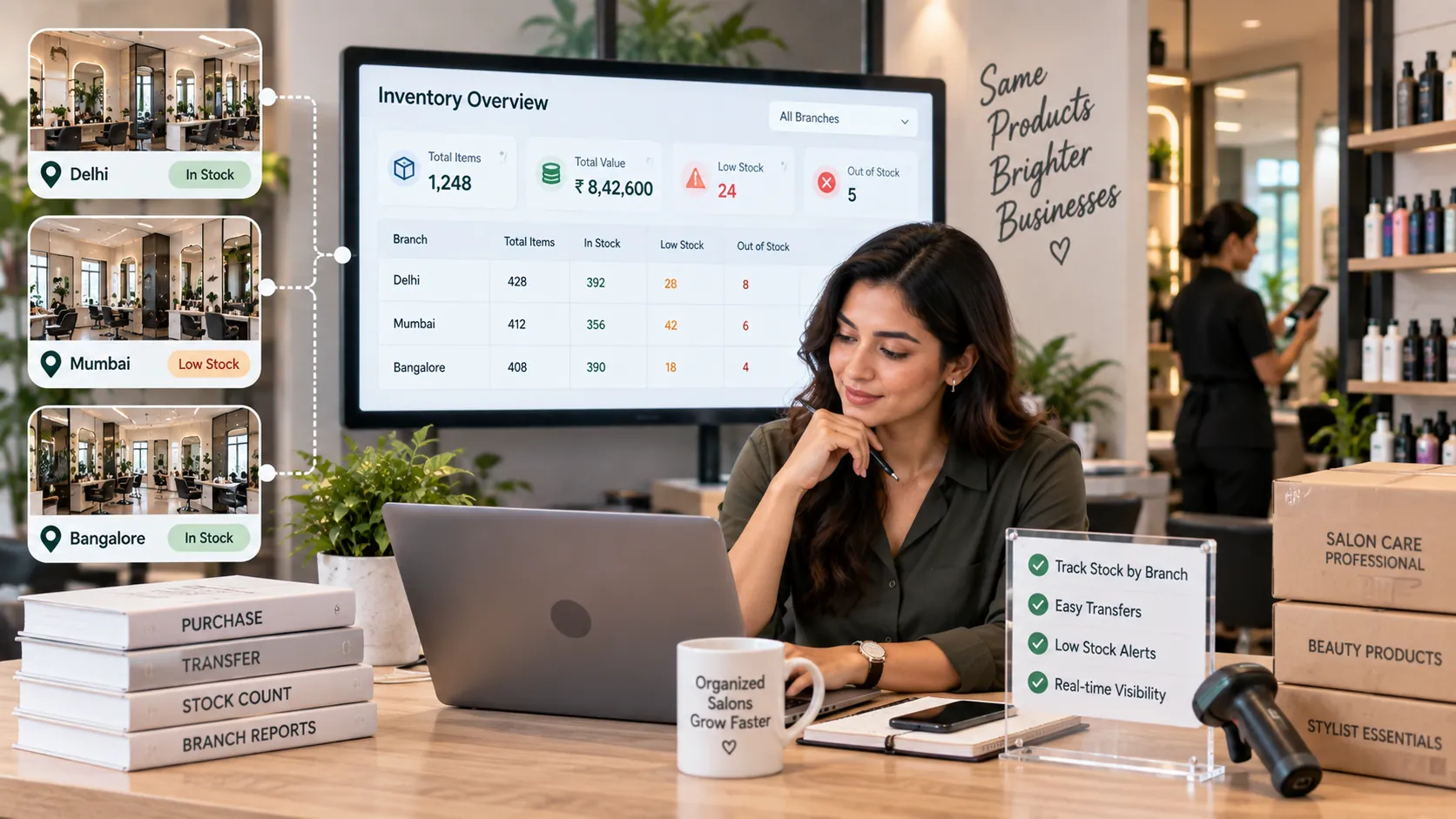 Multi-branch salon inventory management dashboard showing stock levels, transfers and branch-wise inventory