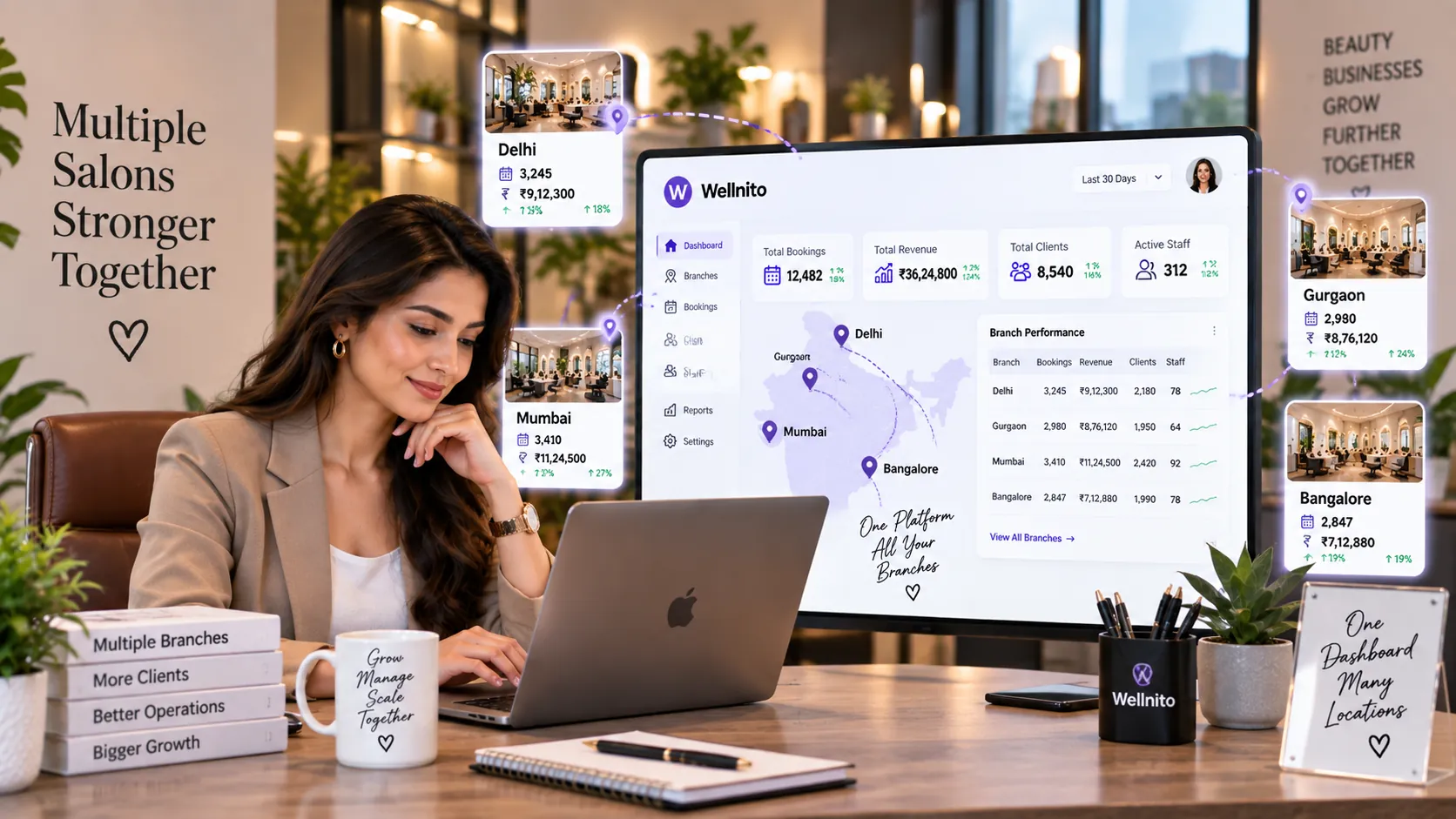 Multi-location salon management dashboard for controlling multiple branches from one platform