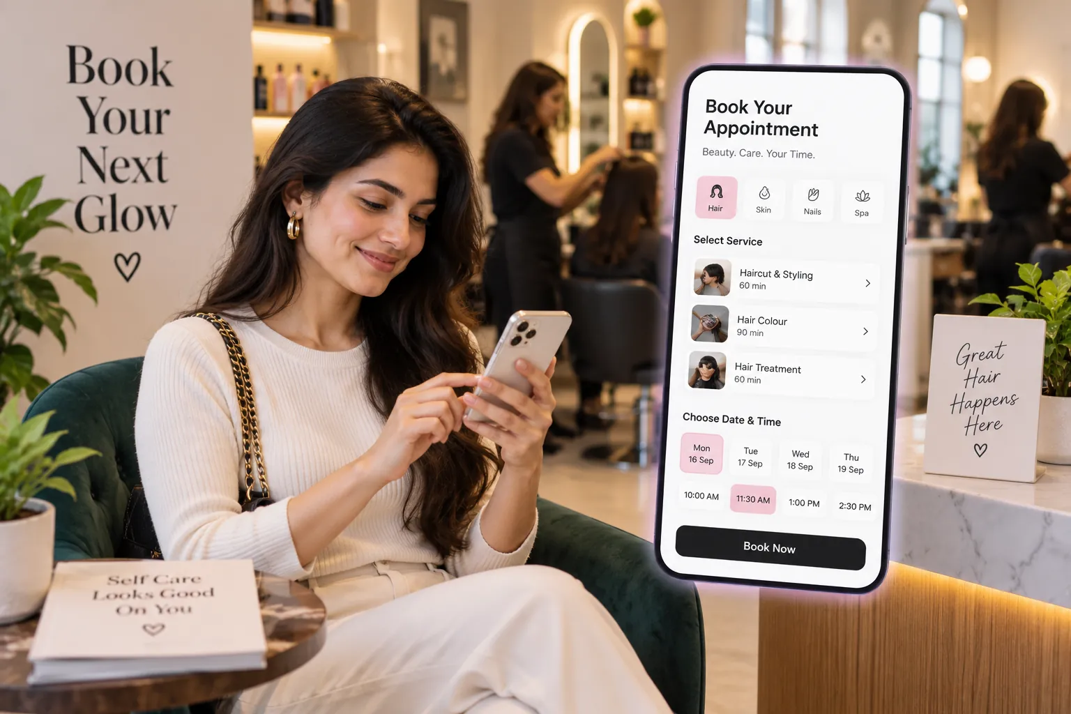 Online booking system for salons allowing customers to choose services, dates and appointment times