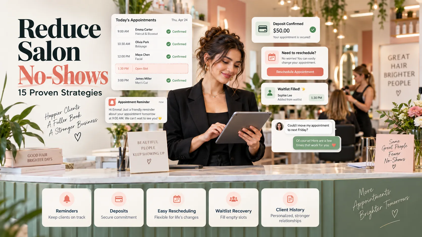 How to reduce salon no-shows using reminders, deposits, rescheduling and waitlist management