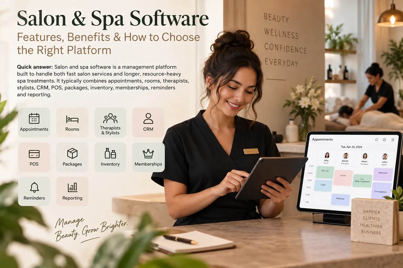 Salon and spa management software dashboard for bookings, staff, billing, inventory, packages and reports
