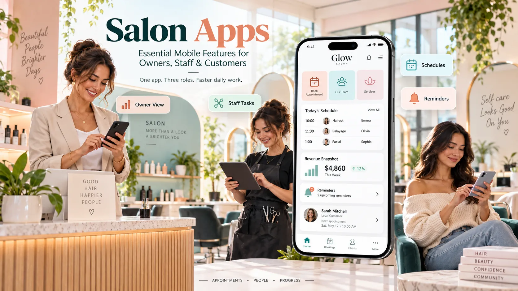 Salon mobile app for owners, staff and customers with bookings, schedules, reminders and revenue tracking