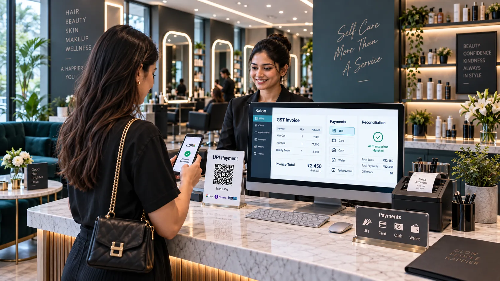 Salon billing software for GST invoices, UPI payments and payment reconciliation