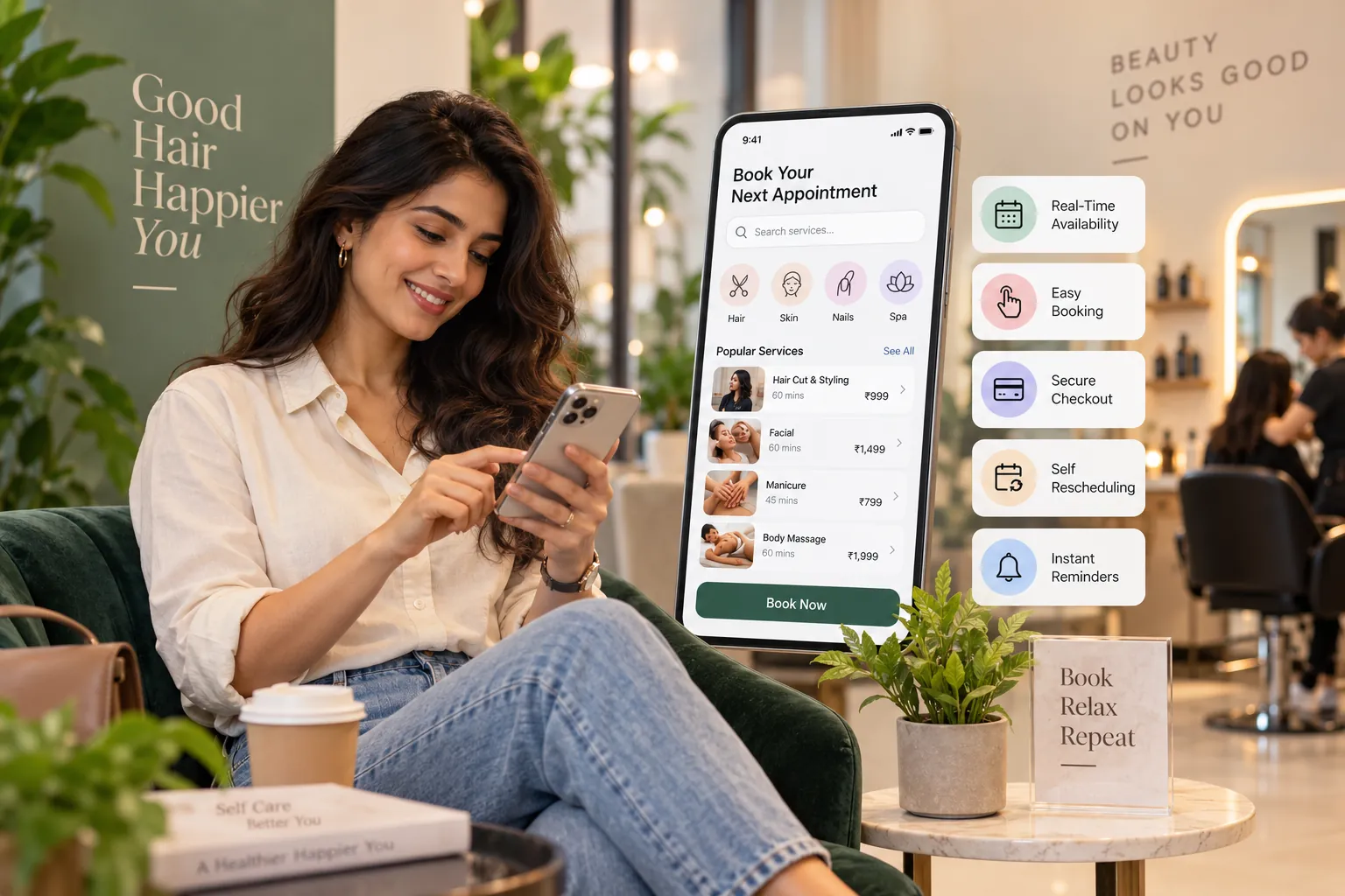 Salon booking app for online appointments, live availability, secure payments and instant reminders