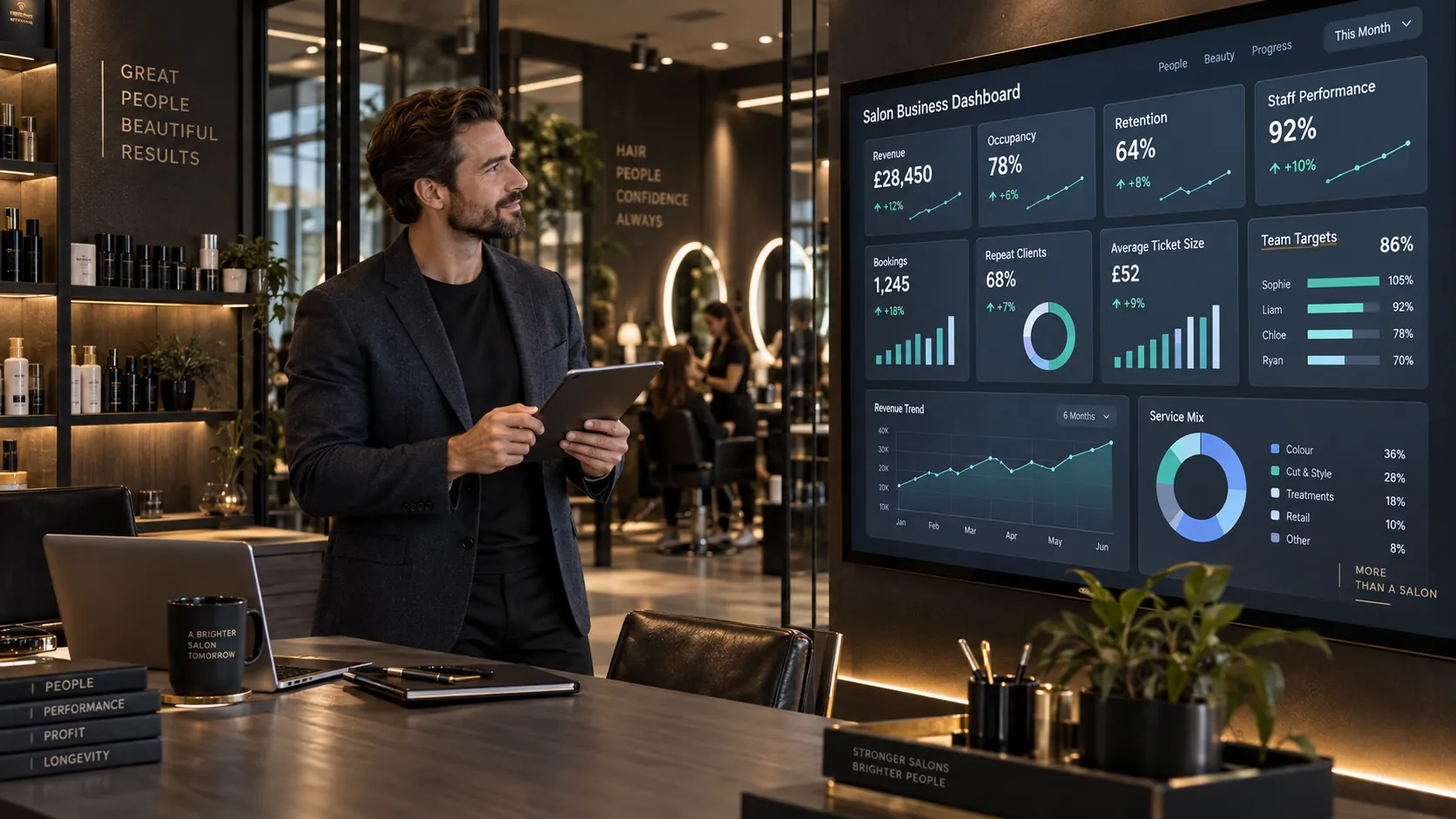 Salon business dashboard showing revenue, occupancy, retention, bookings and staff performance KPIs