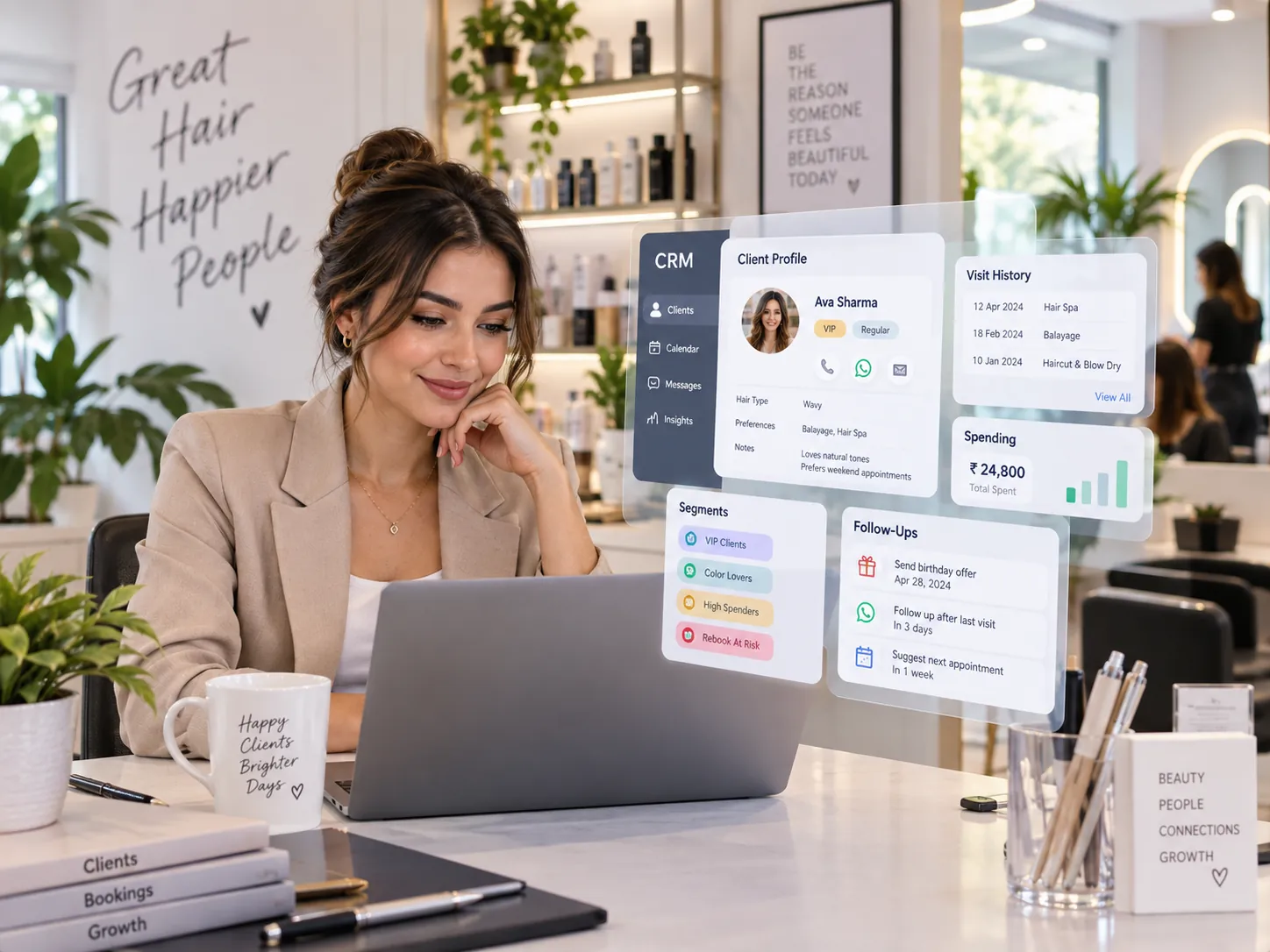 Salon CRM for managing customer data, segmentation, spending history and automated follow-ups