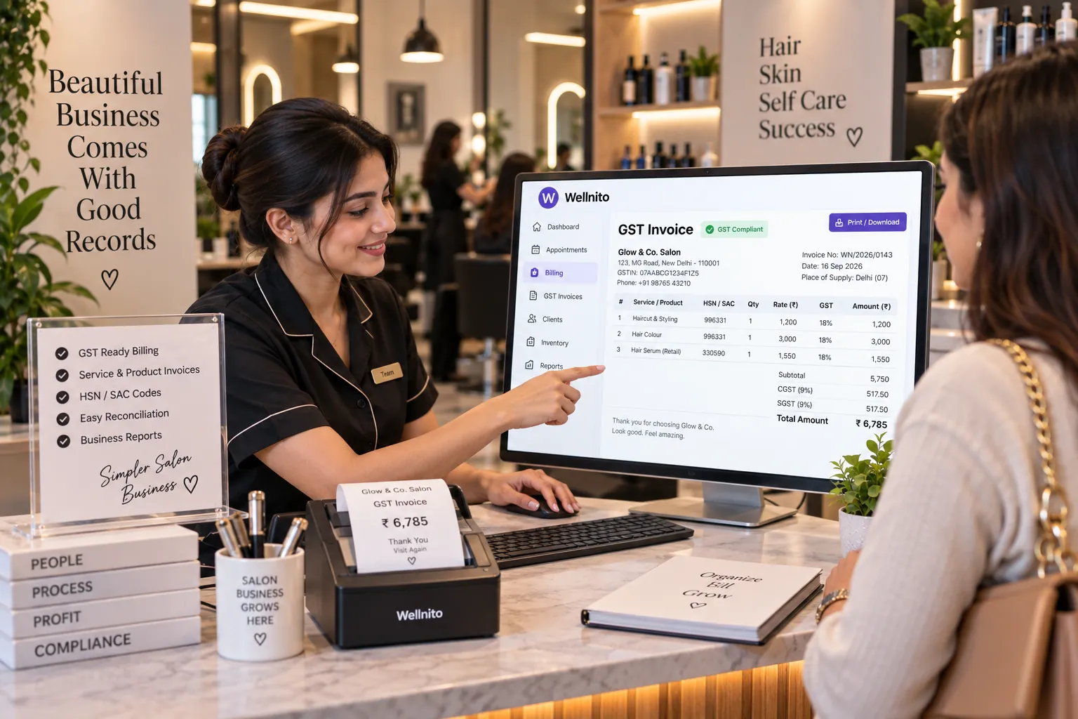 Salon GST billing in India with GST invoices, HSN SAC codes and business reports