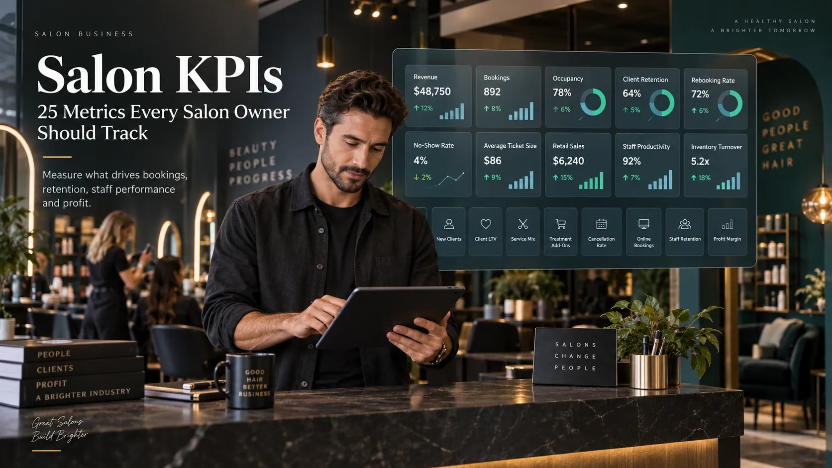 Salon KPI dashboard showing revenue, bookings, occupancy, retention, staff performance and business metrics