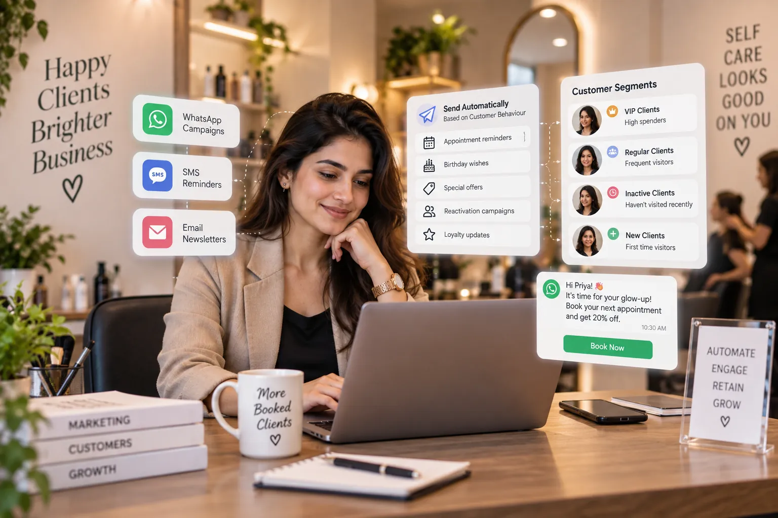 Salon marketing automation with WhatsApp campaigns, SMS reminders, email and customer segmentation