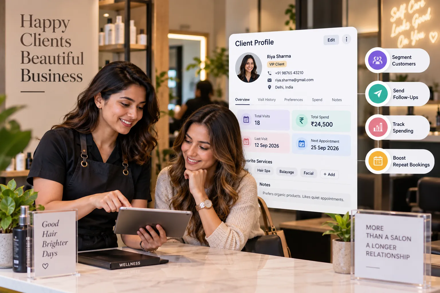 Salon membership management using client profiles, spending data, follow-ups and repeat booking insights