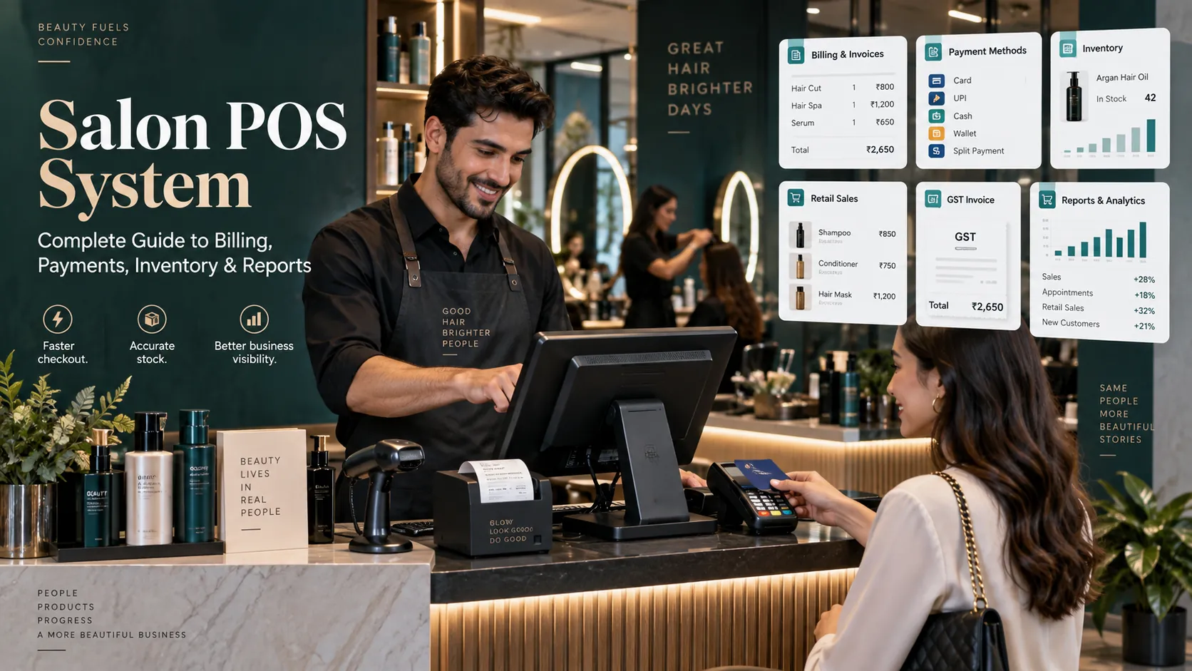 Salon POS system for billing, payments, inventory management, GST invoices and business reports
