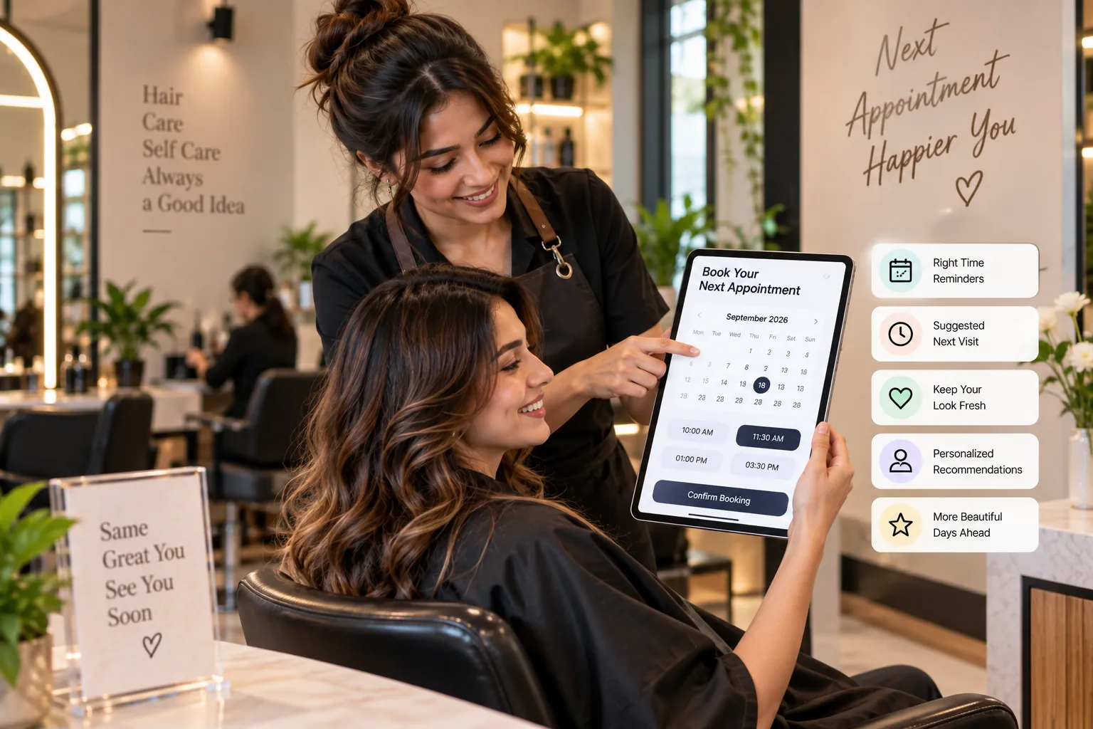 Salon rebooking strategy using reminders and personalized next appointment scheduling
