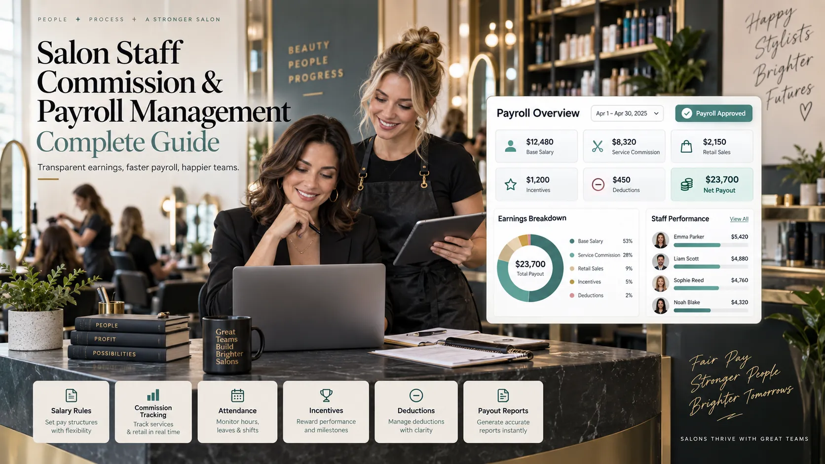 Salon staff payroll software for salary, commission tracking, attendance, incentives and payout reports