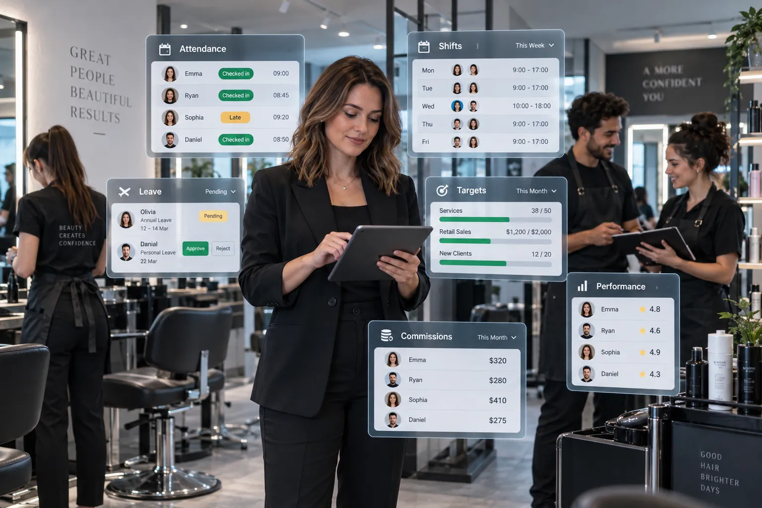 Salon staff management dashboard for attendance, shifts, leave, targets, commissions and performance
