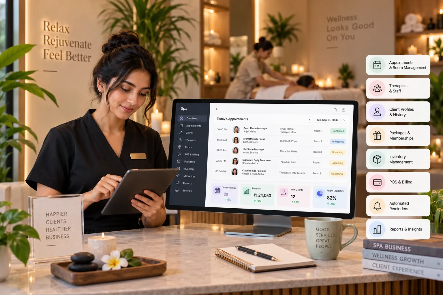 Spa management software dashboard for appointments, staff, memberships, billing, inventory and business reports