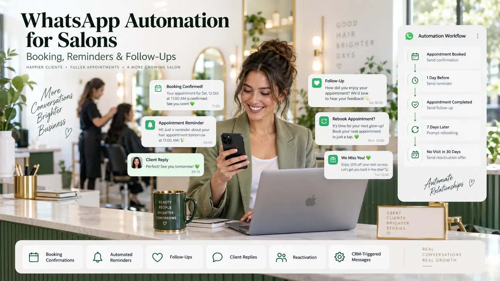WhatsApp automation for salons with appointment reminders, follow-ups, rebooking and reactivation messages